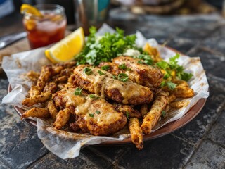 Fototapeta premium A plate of fried chicken and french fries with a side of lemon wedges. Street food