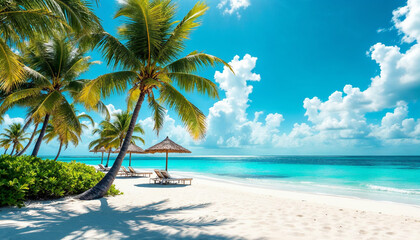 Obraz premium Pristine white sand beach with turquoise water, palm trees, and sunny sky. 