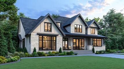Obraz premium Exterior view of a modern stone house with a green lawn and surrounding trees at twilight time