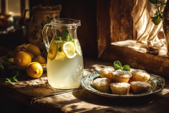 Refreshing lemonade & cupcakes on wooden table, sunny window background; food photography - Powered by Adobe