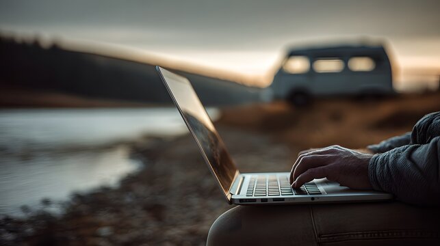 Close up view of man sitting near a river with a camper van in the background focused on unseen laptop soft nature tones and calm freelance lifestyle theme - Powered by Adobe