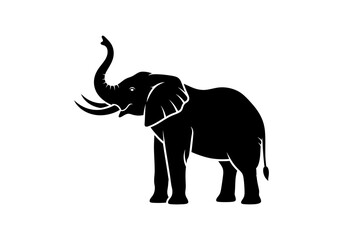 Flat Black Silhouette Icon of an Elephant with Raised Trunk and Large Ears on White Background