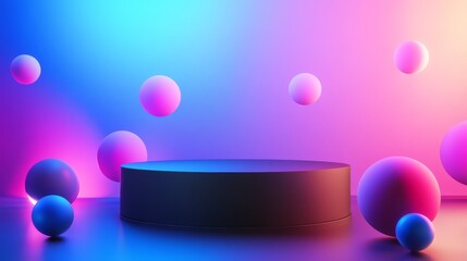 30.A minimalist 3D podium design with a matte black finish, highlighted by clusters of neon-colored spheres suspended mid-air, placed on a vibrant backdrop with radiating light patterns and a soft