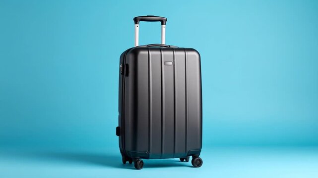 Black suitcase against a light blue background
