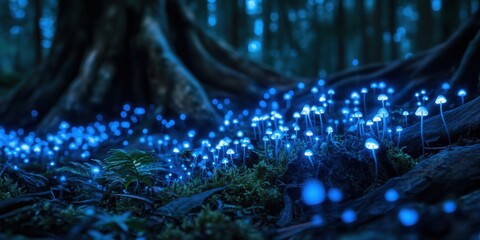 Bioluminescent fungi illuminate a dark forest floor.