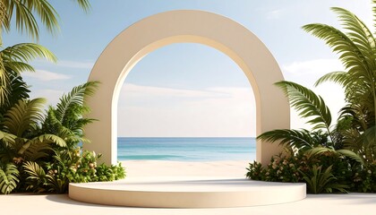 Tropical beach scene with a circular archway and display stand