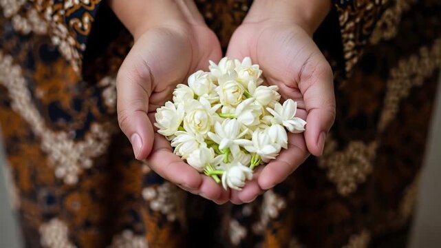 A person wearing traditional batik holding a handful of fresh white jasmine flowers