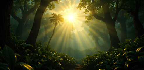 background with sun rays in the rainforest