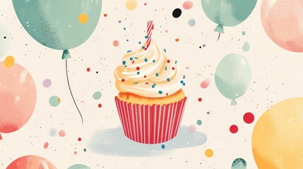 20.A modern birthday card design with a colorful mix of party-themed graphics, including a cupcake, balloons, and confetti, layered around a bold typographic greeting on a soft, festive background.