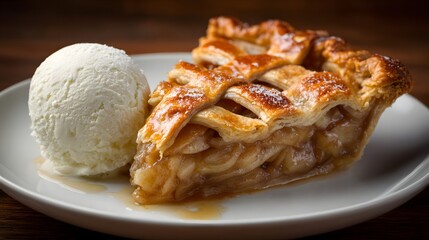 Apple pie with flaky crust and warm cinnamon filling served with a scoop of vanilla ice cream