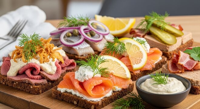 Assortment of traditional danish smorrebrod open sandwiches with salmon herring and beef