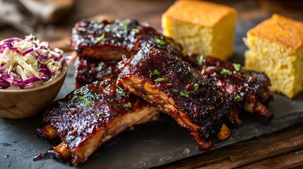 Barbecue ribs with smoky glaze served with coleslaw and cornbread
