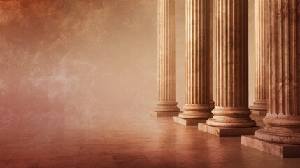 Abstract background of law and justice in warm brown tones featuring pillars and empty space for text representation of the legal system 