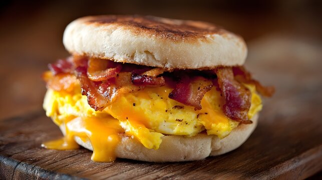 Breakfast sandwich with egg bacon and cheese on a toasted English muffin