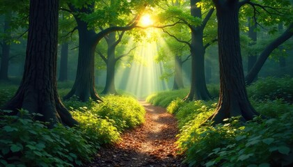 Obraz premium Sun-dappled forest path winds through dense woodland, dappled sunlight filtering through leaves, hinting at mystery and adventure within the hunting grounds , journey, branches