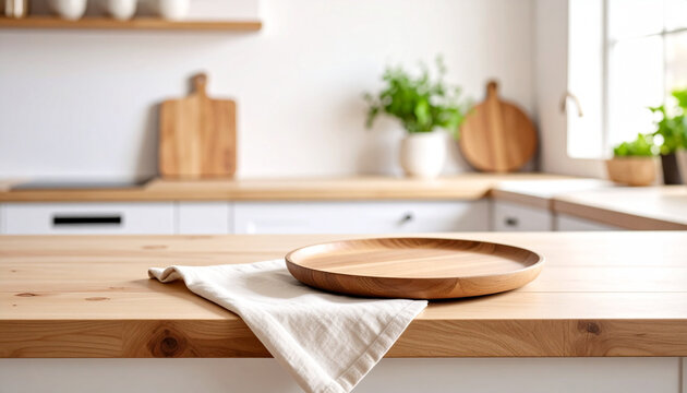 Side view of kitchen counter with empty plate and linen cloth, soft focus