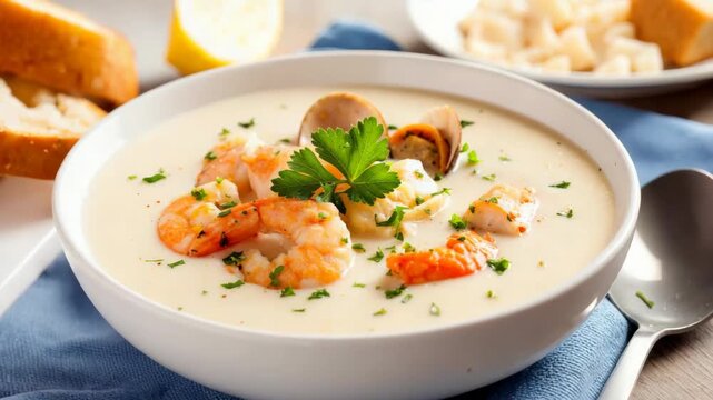 Bowl new england clam chowder garnished with shrimps and parsley, served with lemon and bread.
