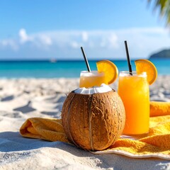 Tropical drinks on a beach towel