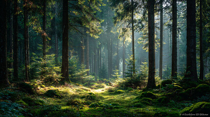 Obraz premium Beautiful forest landscape photography with green moss and trees in woodland nature scene image stock 100