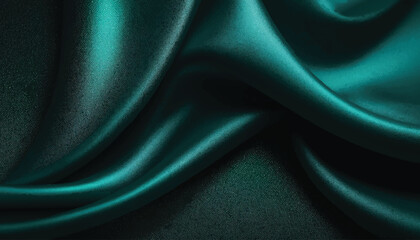 Green drapery silk fabric luxury background. Wavy abstract satin cloth vector texture pattern. Smooth shiny drape material curtain. Elegant velvet curve motion image realistic horizontal design.