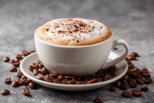 Cappuccino in a white porcelain cup with creamy foam and cinnamon dust, surrounded by coffee beans  - Powered by Adobe
