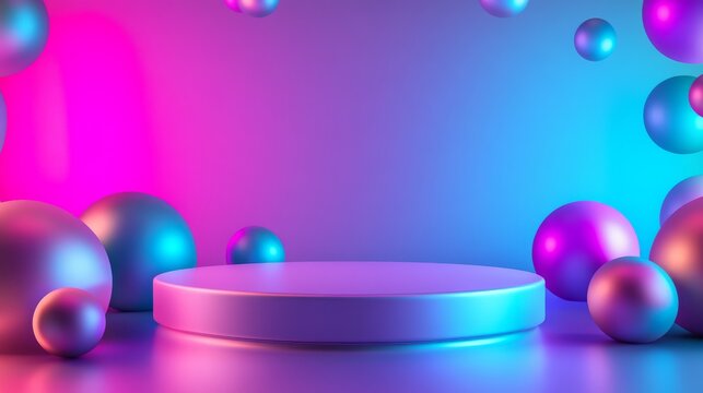 26.A sleek 3D podium with a glossy metallic finish, surrounded by vibrant neon spheres in electric blue, magenta, and lime green, set against a gradient background blending deep purple and bright