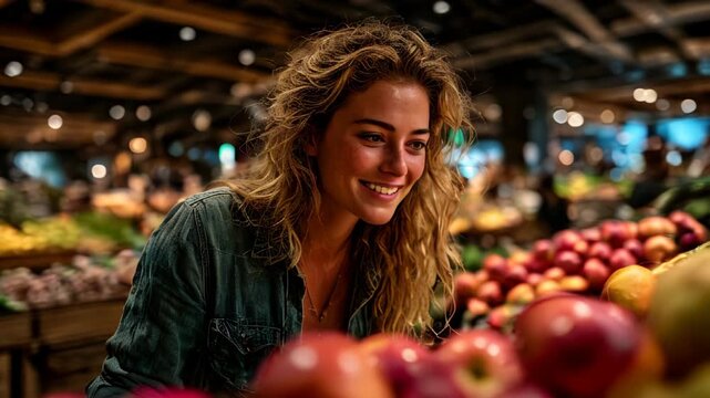 Woman smiles while exploring fresh produce at a vibrant market in the evening