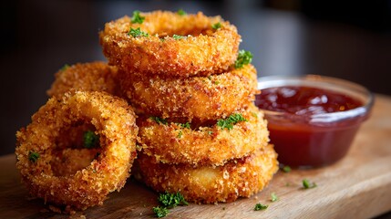 Onion rings stacked high with crispy breading and dipping sauce in background