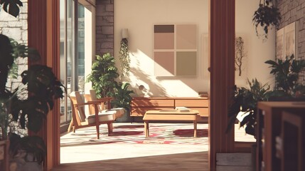 Modern Living Room Minimalist Sandstone Mid-Century Modern Swedish Style Sunny Weather Vibrant Accents Crisp Details Radiant Lighting Elegant Design Luxurious Ambiance (AI-Generated)