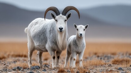Obraz premium Adult and Young Goat Standing on Dry, Rocky Landscape