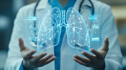A doctor carefully examines a virtual lung x-ray projection with focused attention. The integration of advanced technology in medical diagnostics. Generative AI.