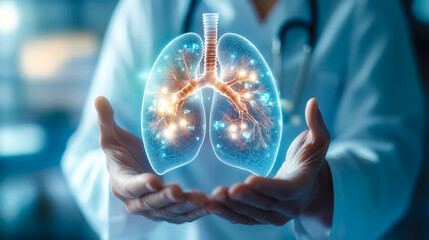 A doctor carefully examines a virtual lung x-ray projection with focused attention. The integration of advanced technology in medical diagnostics. Generative AI.