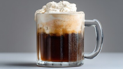 Root beer float in a frosty glass mug with ice cream foam overflowing