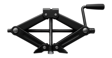Heavy-duty scissor jack with a crank handle for automotive repair garages.