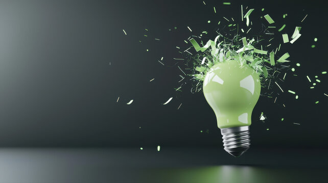 Shattering Green Lightbulb Representing Idea, Innovation, or Breakthrough Concept lightbulb concept