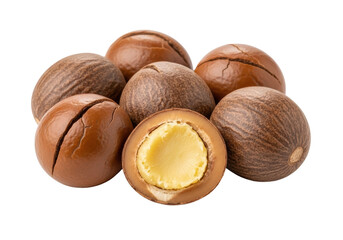 Raw, unpolished shea nuts, 5-7 pieces, earthy brown textured shells, one split revealing creamy pale yellow interior, on a transparent seamless shadowless background, isolated. Concept of natural