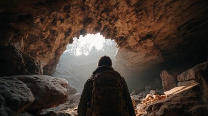 Solo adventurer standing inside rocky cave looking at natural daylight exploring wilderness travel and outdoor nature expedition concept