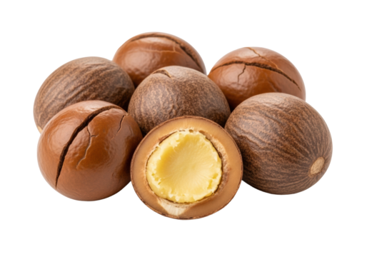 Raw, unpolished shea nuts, 5-7 pieces, earthy brown textured shells, one split revealing creamy pale yellow interior, on a transparent seamless shadowless background, isolated. Concept of natural
