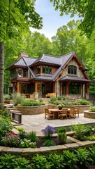Elegant craftsman-style home with a stone terrace and landscaped garden nestled in a lush summer forest.