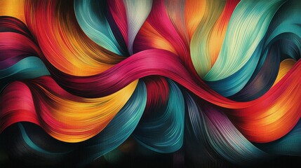 42.A vivid abstract design featuring rolling, wave-like forms created with vibrant, multicolored linear patterns, contrasted against a dark backdrop with glowing highlights and subtle gradients.