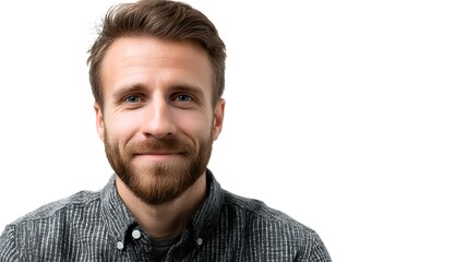 Obraz premium Neutral white background headshot of professional man in casual clothes with natural smile representing relaxed freelance remote worker no hand gestures