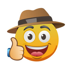Smiling Detective Emoji with Fedora Hat and Thumbs Up Sign Vector Illustration
