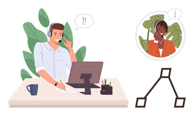 Office worker in headset solving a customer query while communicating with remote team member online. Ideal for customer service, collaboration, teamwork, telecommunication, remote work, counseling