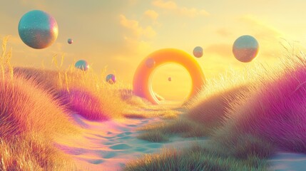 52.An abstract 3D scene of a surreal pastel landscape with undulating rainbow-colored grass dunes, multiple floating spheres in soft hues, and a majestic archway illuminated by a golden sunset,