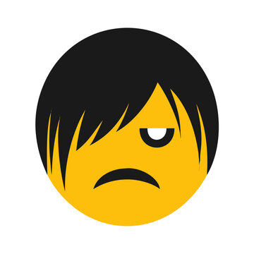 Sad Emo Face Emoji Icon with Black Hair Covering One Eye Vector Illustration