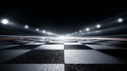 Checkered race track with bright stage lights in dark background