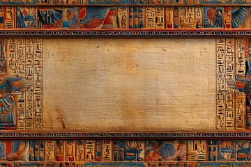 Ancient Egyptian Hieroglyph Frame Background with Papyrus Illustrations and Cultural Symbols