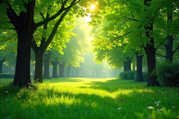 Naklejka premium Lush green leaves and vibrant foliage fill a tranquil park scene, sunlight dappling through the canopy Perfect for nature, spring, summer, and environmental themes , ecology, organic