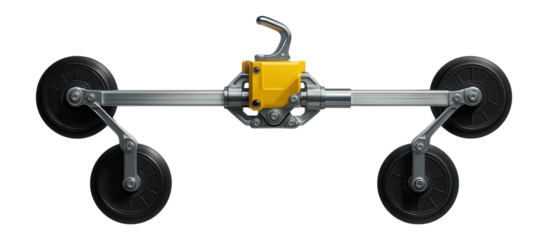 Telescopic vacuum lifter with multiple suction cups for lifting large panels on a building site.