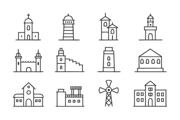 Fototapeta premium Collection of hand drawn religious buildings and cross icons isolated on transparent background
